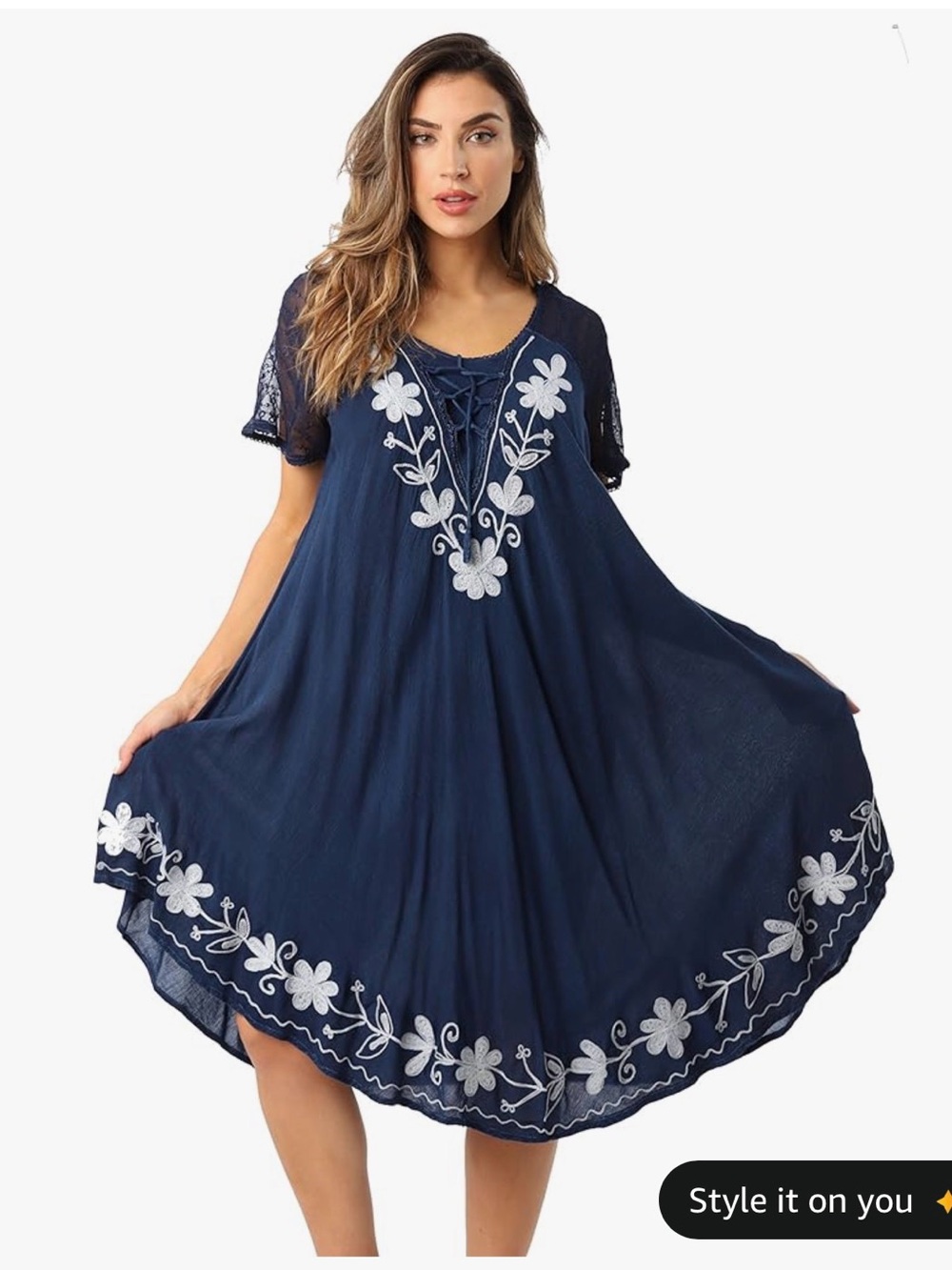 Navy Embroidered Swing Dress with Floral Detail